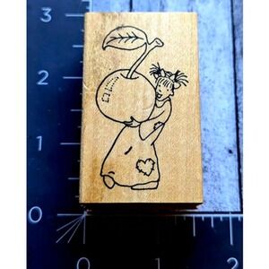 Little Lady Girl Holding Fruit Cherry Leaf Stitch Rubber Stamp Wood #H26